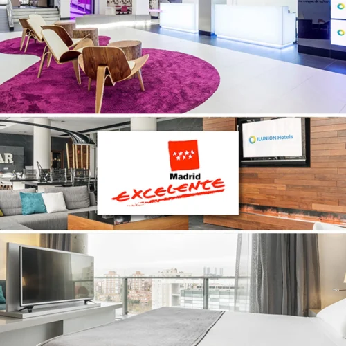 Collage de espacios y servicios de un hotel. En la parte superior se aprecia una zona de recepción o descanso con sillones de madera sobre una alfombra circular de color magenta. En el centro aparecen imágenes del vestíbulo, una zona de bar y un mostrador con pantallas que muestran el logotipo de ILUNION Hotels, junto al distintivo “Madrid Excelente”. En la parte inferior se muestra una habitación moderna con cama, televisión y grandes ventanales con vistas urbanas. El conjunto destaca instalaciones de alojamiento, áreas comunes y reconocimientos de calidad del establecimiento.