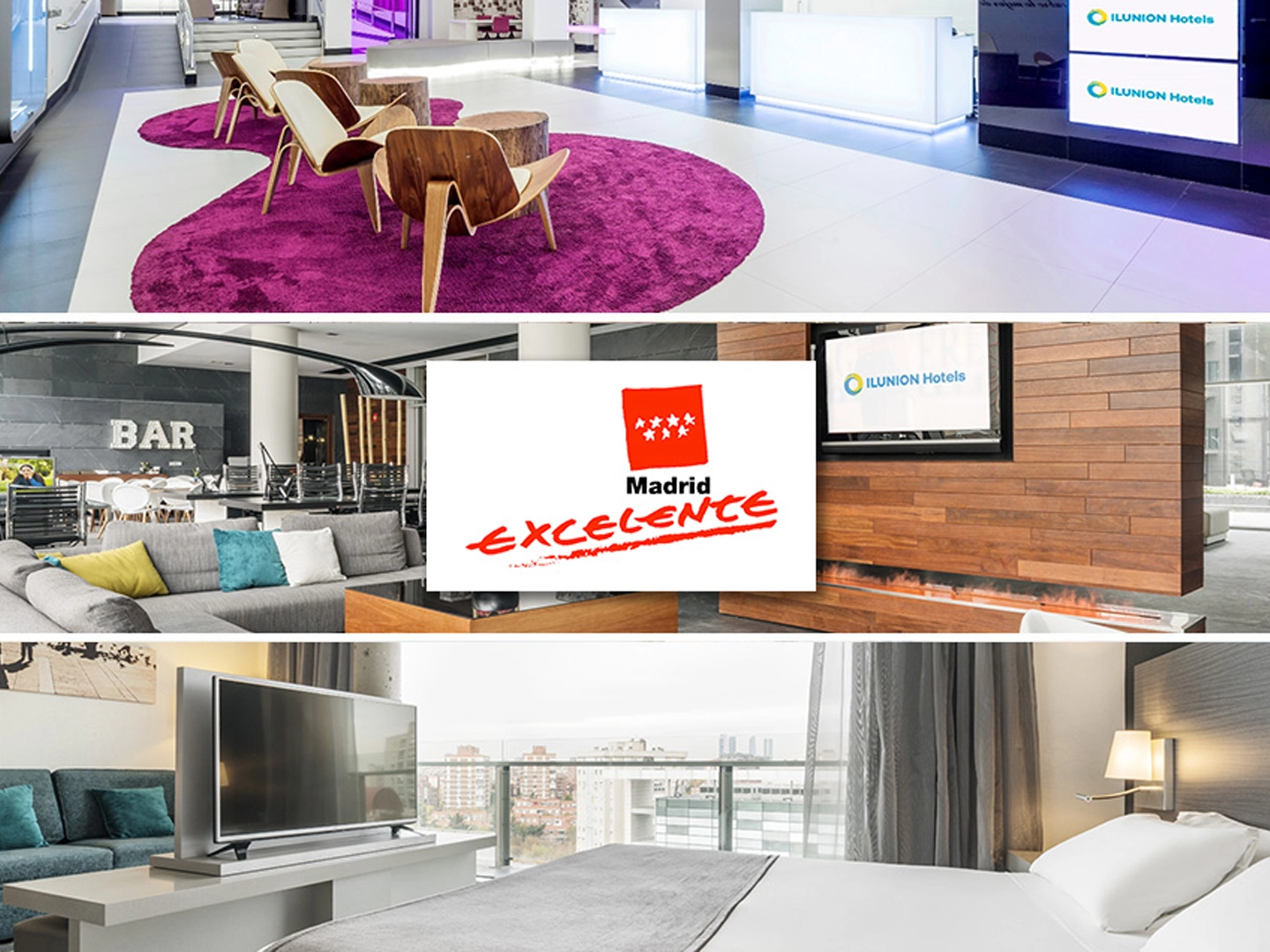 Collage de espacios y servicios de un hotel. En la parte superior se aprecia una zona de recepción o descanso con sillones de madera sobre una alfombra circular de color magenta. En el centro aparecen imágenes del vestíbulo, una zona de bar y un mostrador con pantallas que muestran el logotipo de ILUNION Hotels, junto al distintivo “Madrid Excelente”. En la parte inferior se muestra una habitación moderna con cama, televisión y grandes ventanales con vistas urbanas. El conjunto destaca instalaciones de alojamiento, áreas comunes y reconocimientos de calidad del establecimiento.