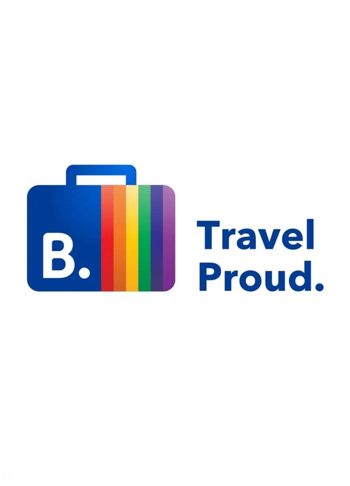 Logotipo de Travel Proud con maleta azul y franjas verticales en colores del arcoíris junto al texto Travel Proud.