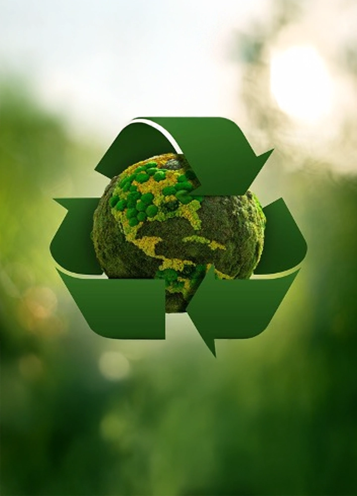 Planeta cubierto de musgo verde rodeado por símbolo de reciclaje; fondo natural con luz solar que evoca sostenibilidad y respeto ambiental.