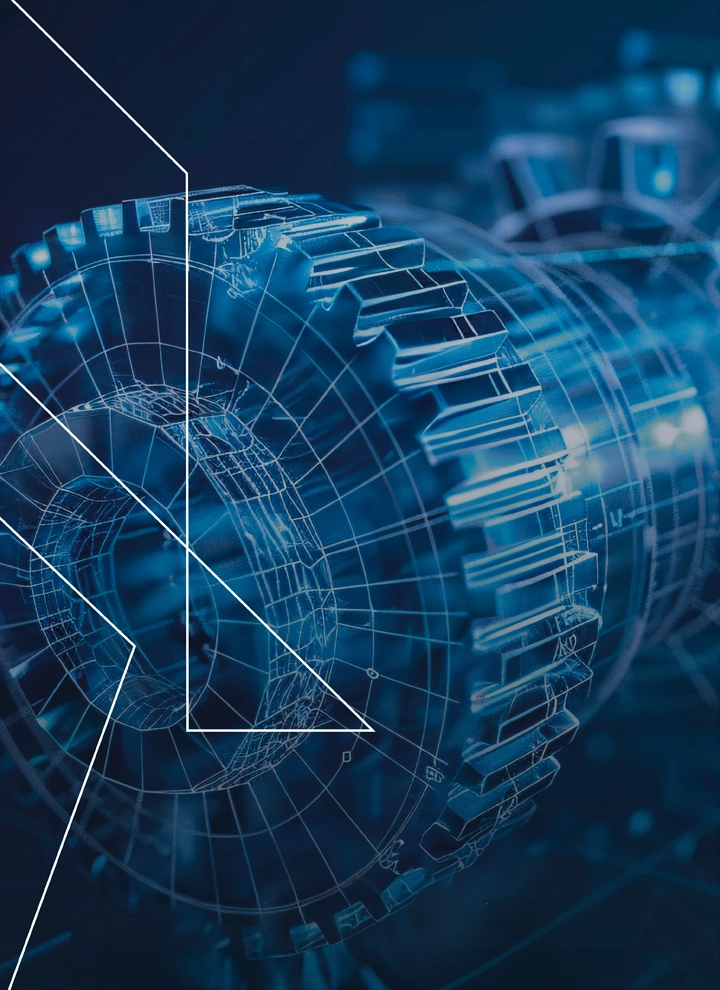 engranaje holográfico con un gráfico de linea que adorna el lateral