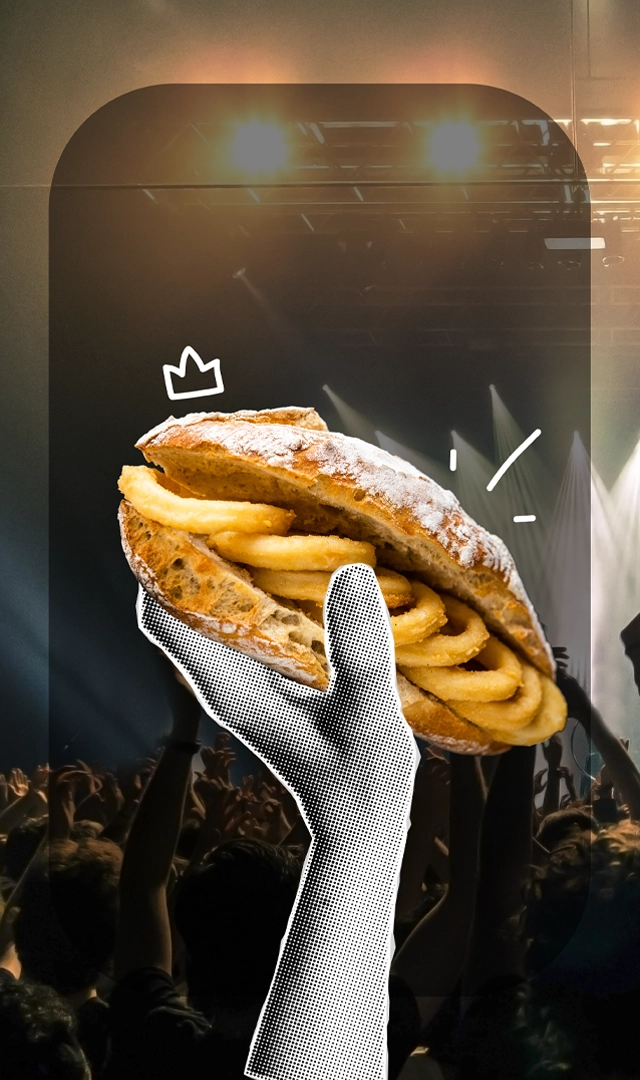 Imagen de un bocadillo de calamares crujientes sobre un fondo de un concierto rock, con una mano estirando el sándwich hacia adelante.