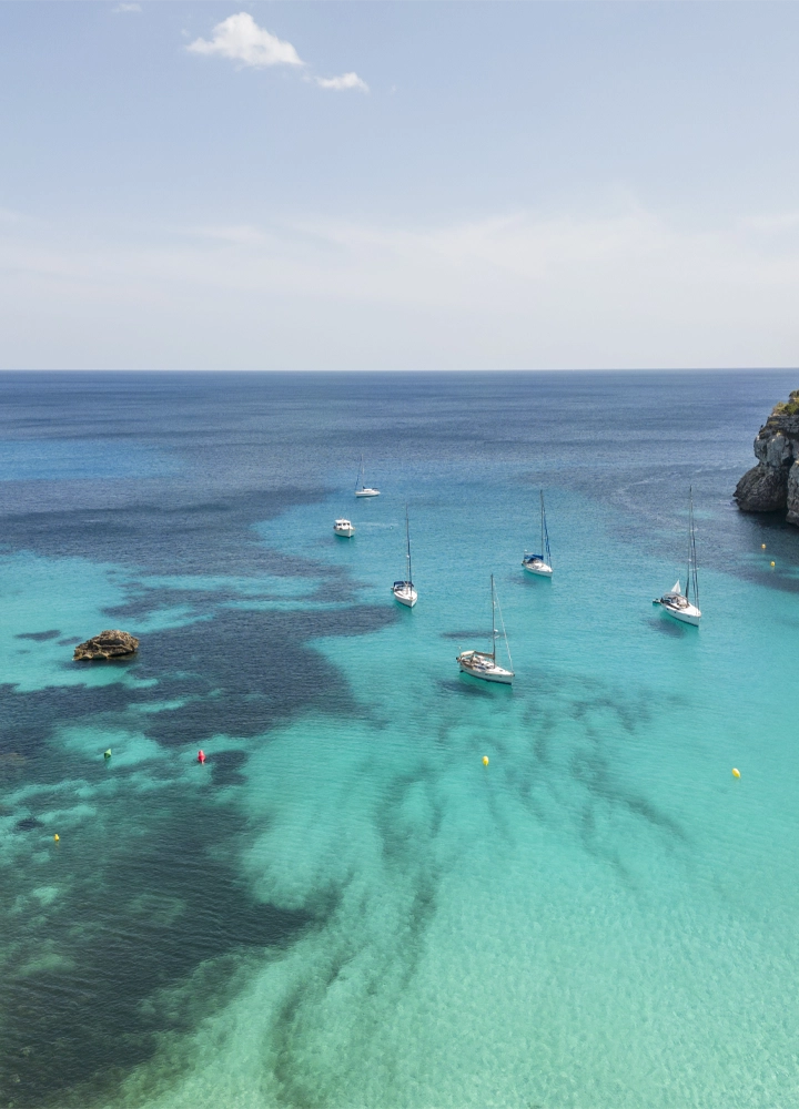 Vista aérea de una cala con aguas cristalinas, donde varios veleros blancos están anclados.