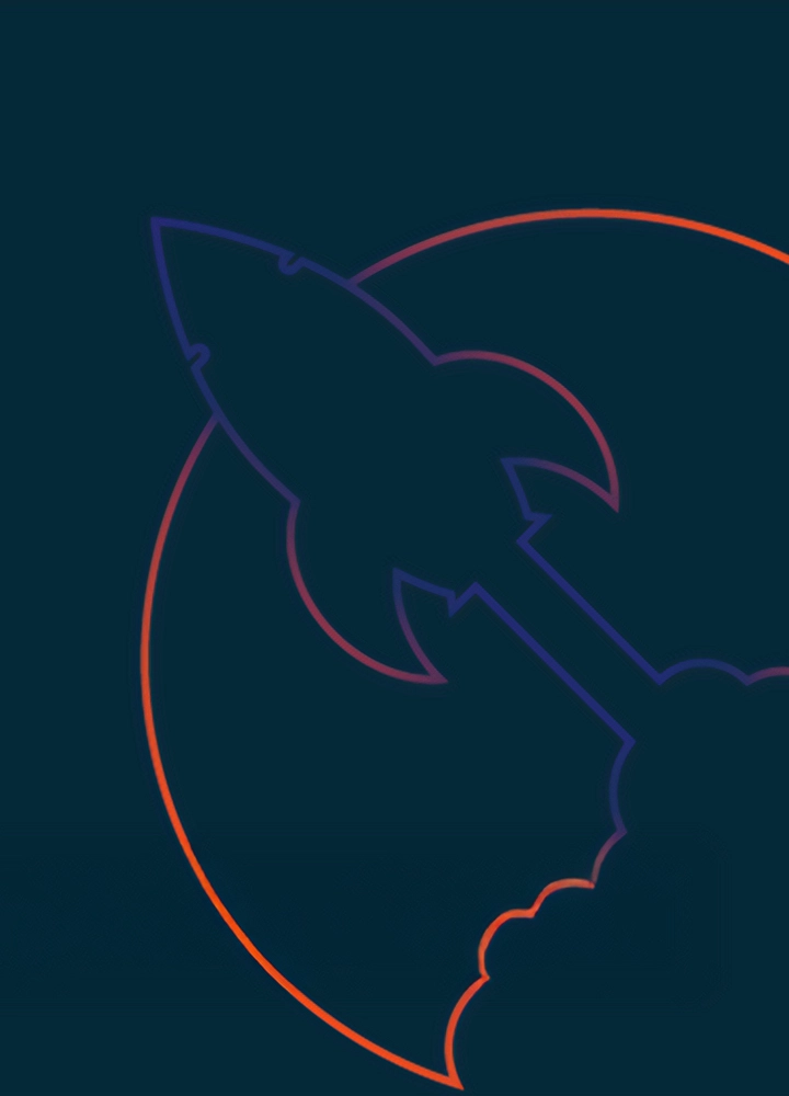Ilustración minimalista de un cohete despegando, delineado con líneas en tonos naranjas y azules sobre un fondo oscuro, representando el concepto de lanzamiento o crecimiento.