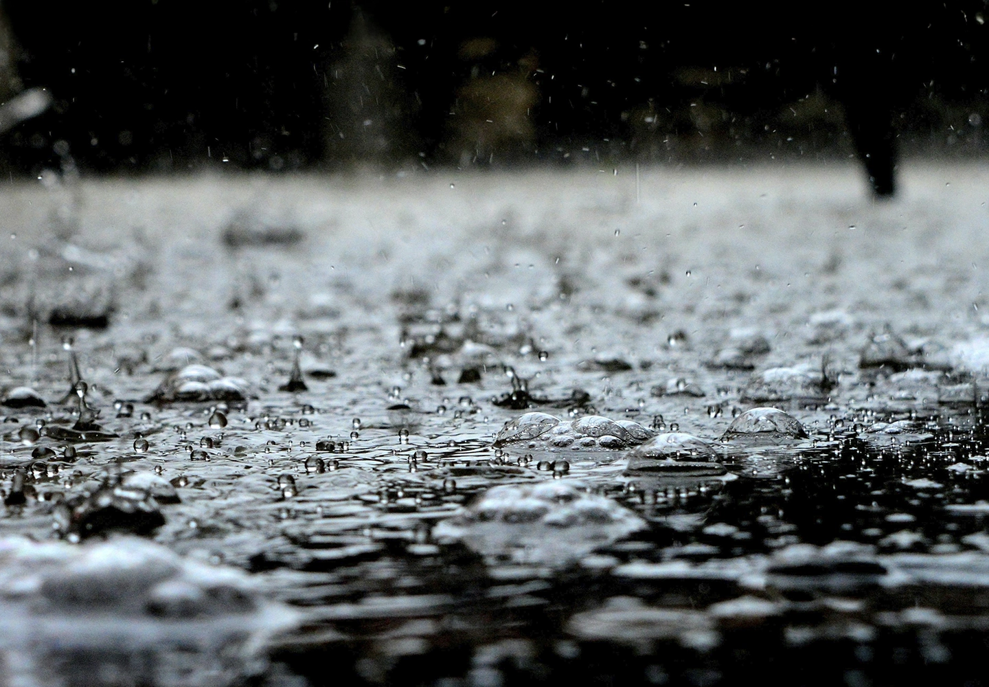 Gotas de lluvia cayendo sobre un charco, formando burbujas en la superficie del agua. El fondo oscuro resalta el movimiento de las gotas y el efecto de las salpicaduras, creando una atmósfera melancólica y natural.