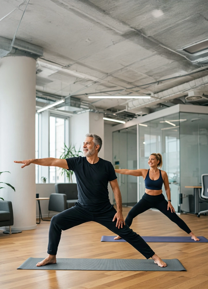 Imagen de un hombre y una mujer de mediana edad en ropa deportiva haciendo yoga en una oficina con luz natural.