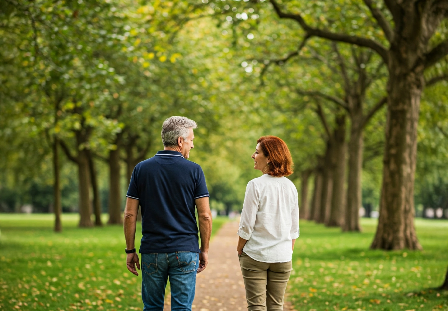 Dos personas de mediana edad, un hombre con camisa azul y jeans, y una mujer con camisa blanca y pantalones beige, caminando relajadamente por un parque en un día tranquilo.