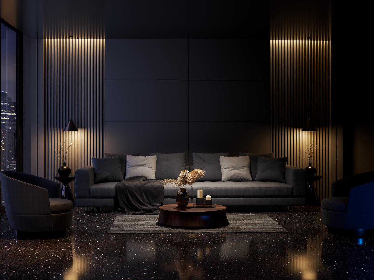 sala de estar moderna con un diseño oscuro y sofisticado. Los elementos principales incluyen: 1.⁠ ⁠Sofá: Un gran sofá gris oscuro con múltiples cojines de tonos variados dentro de la gama de grises. Sobre el lado izquierdo del sofá hay una manta gris oscura. 2.⁠ ⁠Mesa de café: Una mesa redonda de madera frente al sofá. Sobre ella hay un florero decorativo con plantas secas y una bandeja que sostiene dos velas. 3.⁠ ⁠Alfombra: Una alfombra gris colocada debajo de la mesa de café, que complementa la decoración. 4.⁠ ⁠Iluminación: En la pared trasera, hay acentos de iluminación verticales que añaden un ambiente cálido y acogedor. La pared en sí es oscura. 5.⁠ ⁠Piso: Tiene una superficie pulida y reflectante con sutiles detalles que aportan elegancia. El diseño general utiliza tonos oscuros y decoración minimalista para crear un ambiente refinado y atractivo.