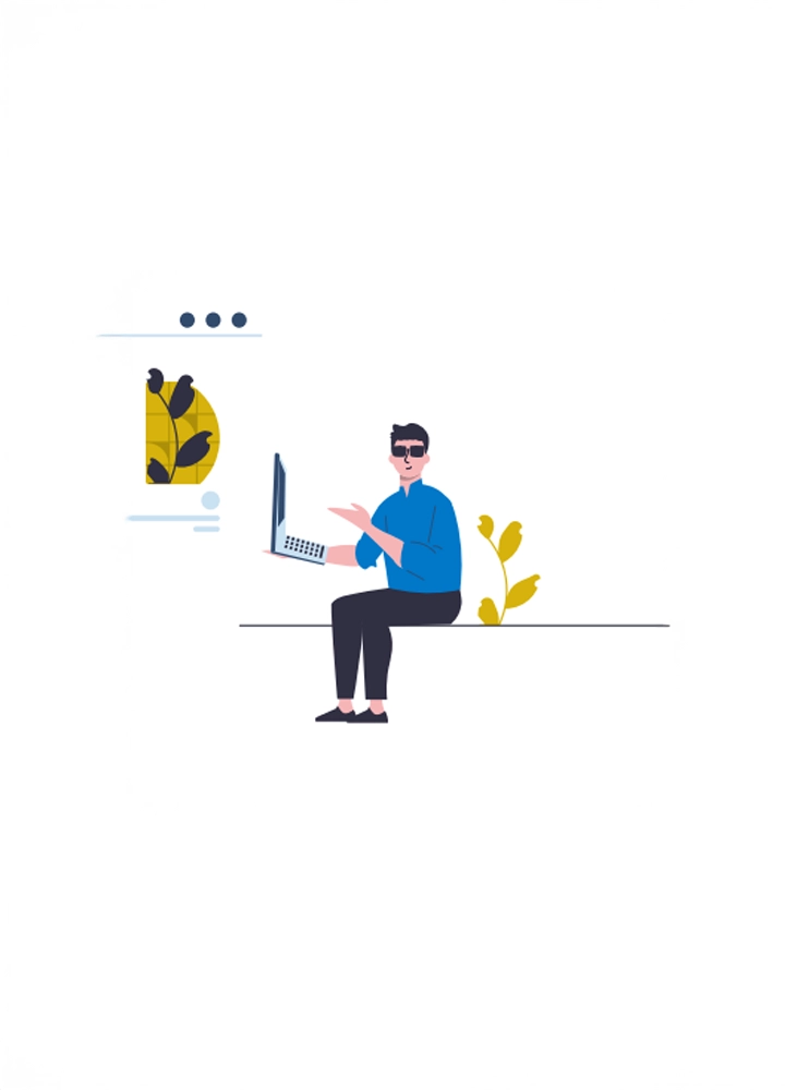 Una ilustración minimalista muestra una persona sentada con las piernas cruzadas sobre una línea horizontal. La persona lleva gafas oscuras, una camisa azul y pantalones oscuros, y está sosteniendo un portátil abierto sobre su regazo, con una mano en el teclado y la otra extendida como si estuviera interactuando con la pantalla o un lector de pantalla. A la izquierda, hay una forma semicircular amarilla con un patrón de hojas oscuras y otros elementos abstractos en azul claro y gris. A la derecha, una planta estilizada con hojas amarillas se eleva desde la línea horizontal. En la parte superior izquierda, hay tres círculos azules pequeños. El fondo es blanco.