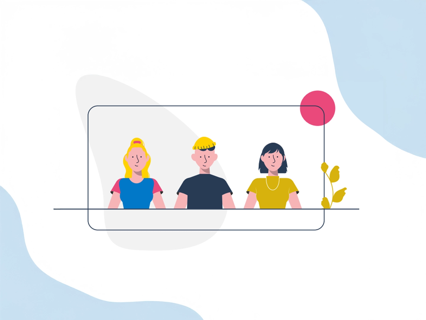 Una ilustración minimalista muestra tres figuras de personas de cintura para arriba dentro de un marco rectangular negro con esquinas redondeadas. A la izquierda, una persona con cabello largo rubio recogido con una goma elástica amarilla, piel clara, ojos cerrados y una sonrisa, viste una camiseta azul sobre una camiseta rosa. En el centro, una persona con cabello corto oscuro con reflejos rubios, piel clara, ojos cerrados y una sonrisa, lleva una gorra de trabajo amarilla y una camiseta negra. A la derecha, una persona con cabello corto oscuro, piel clara, ojos cerrados y una sonrisa, viste una camiseta amarilla y un collar dorado. El marco está sobre un fondo blanco con formas abstractas en gris claro y azul claro, y un círculo rosa en la esquina superior derecha con elementos de una planta de hojas amarillas cerca.
