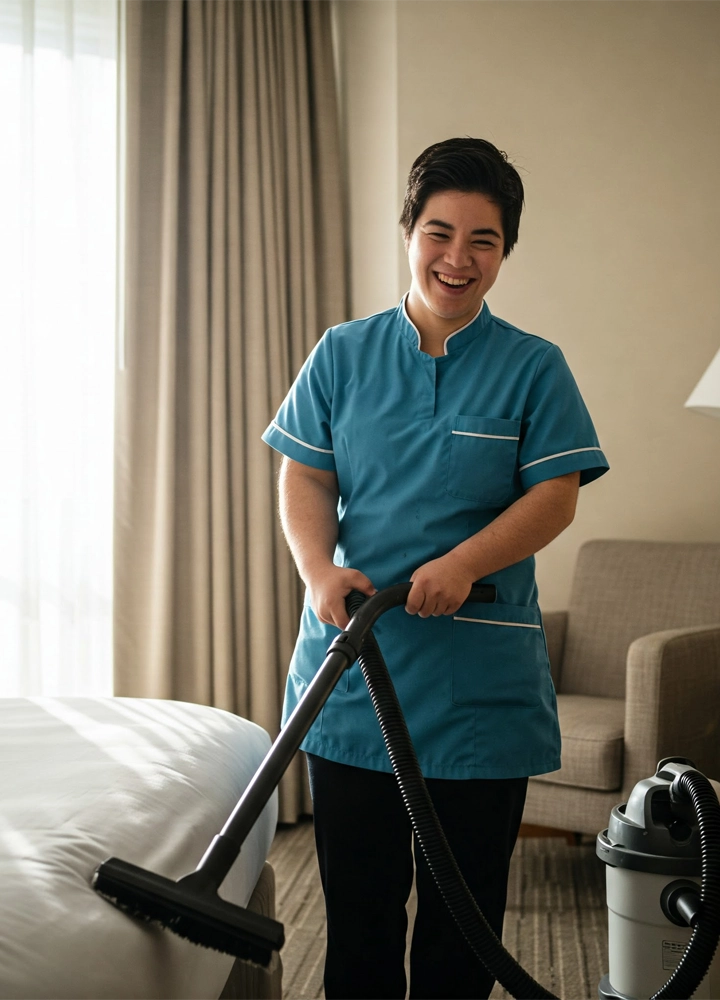 Una persona con cabello oscuro corto, vestida con un uniforme de limpieza azul con detalles blancos, está sonriendo y mirando hacia la cámara mientras aspira el suelo junto a una cama con sábanas blancas en una habitación de hotel. La persona sostiene el mango negro de una aspiradora negra y gris. Se ven cortinas beige en una ventana al fondo izquierdo, y un sillón beige y una lámpara de pie son visibles al fondo derecho.
