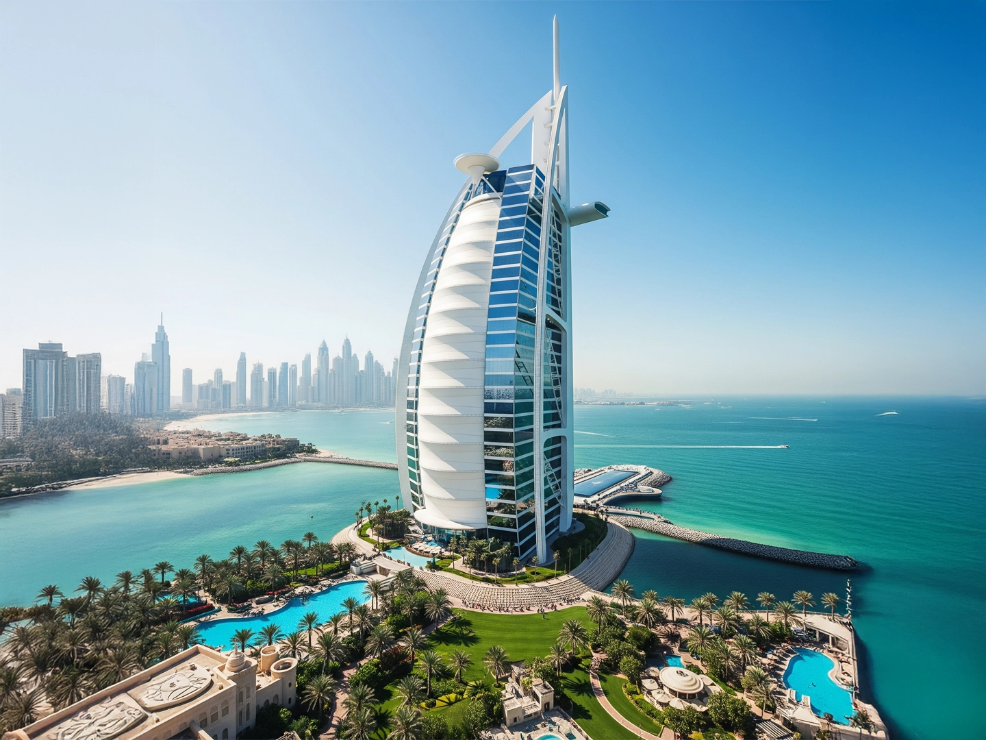 Vista panorámica del icónico hotel Burj Al Arab en Dubái, ubicado en una isla artificial con forma de vela, rodeado de aguas turquesas y jardines con palmeras, con la moderna silueta urbana de Dubái visible al fondo bajo un cielo despejado.