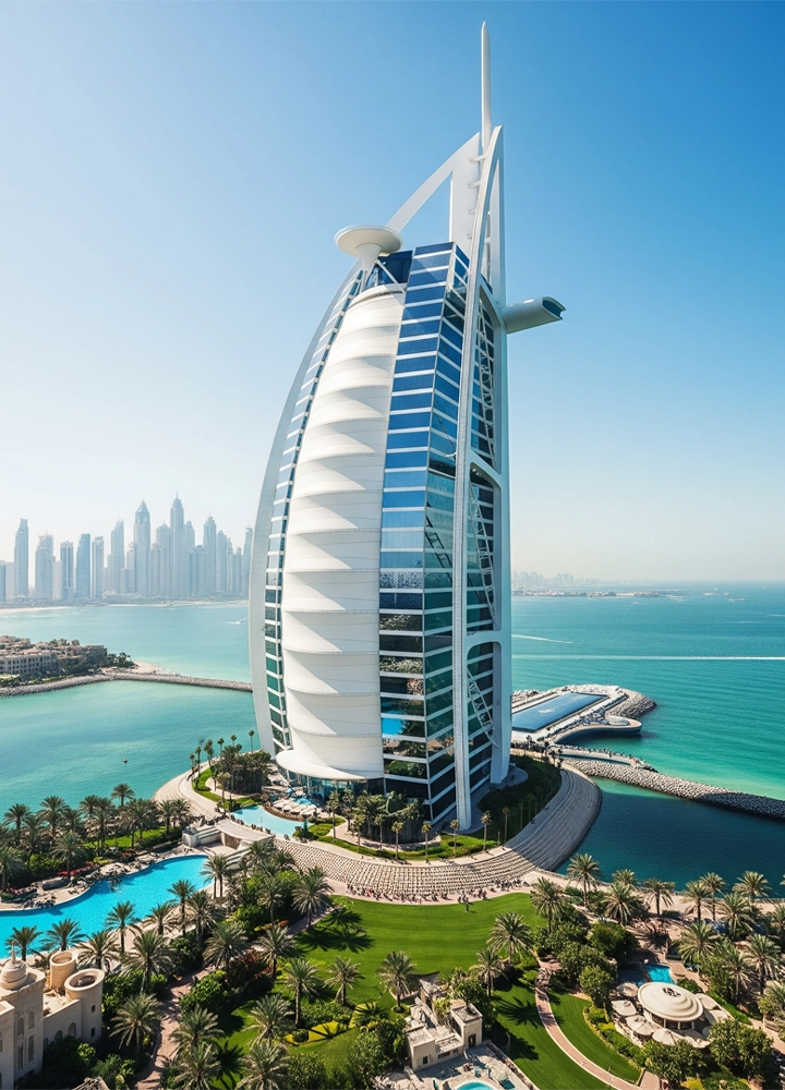 Vista panorámica del icónico hotel Burj Al Arab en Dubái, ubicado en una isla artificial con forma de vela, rodeado de aguas turquesas y jardines con palmeras, con la moderna silueta urbana de Dubái visible al fondo bajo un cielo despejado.