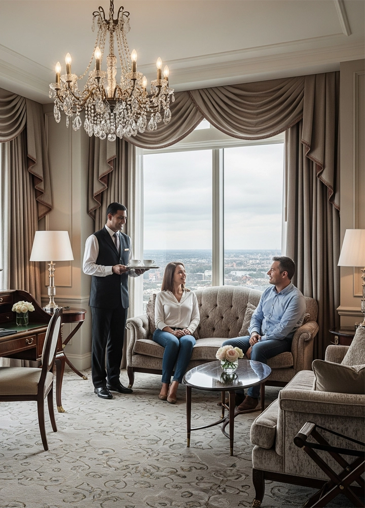 Pareja sentada en un elegante salón de hotel con decoración clásica, alfombra de diseño, cortinas con drapeado, lámparas de mesa y una lámpara de araña colgante; un camarero de uniforme les sirve bebidas mientras conversan relajadamente junto a una ventana con vistas a la ciudad.