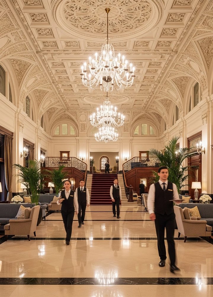 Majestuoso vestíbulo de hotel con techos abovedados ornamentados, grandes lámparas de araña, escaleras alfombradas de rojo, sofás elegantes y plantas decorativas; varios camareros uniformados caminan por el espacio brindando servicio.