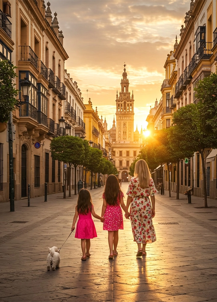 Una madre y dos hijas pequeñas, una de ellas llevando a un pequeño perro blanco con una correa, pasean de espaldas por una calle peatonal de Sevilla al atardecer. Los edificios históricos a ambos lados de la calle se iluminan con la luz dorada del sol que se pone, creando una atmósfera mágica y familiar en su paseo vespertino. La Giralda se distingue en el fondo, enmarcando la escena sevillana.