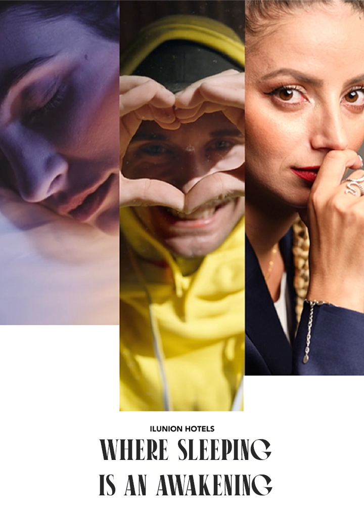 Poster with 3 different photos: a person sleeping on a pillow and a man and a woman posing. It features a phrase that says: 