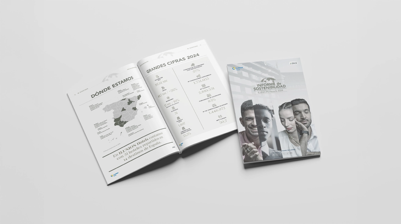 revista o folleto abierto, con una página titulada "DÓNDE ESTAMOS" que presenta un mapa de España y la descripción "En ILUNION Hotels contamos con 31 hoteles repartidos en 29 destinos de España". La página de la derecha se titula "GRANDES CIFRAS 2024" y contiene una lista de datos numéricos. Junto a la revista abierta, hay un folleto cerrado titulado "INFORME DE SOSTENIBILIDAD 2024" con rostros de personas en la portada.