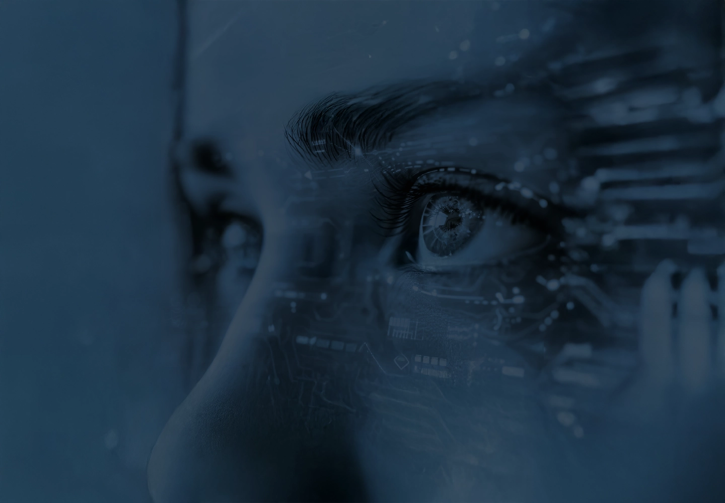 Close-up of a human eye with technological reflections in the pupil, symbolizing futuristic vision and artificial intelligence. The image features bluish tones, creating a digital and modern atmosphere.