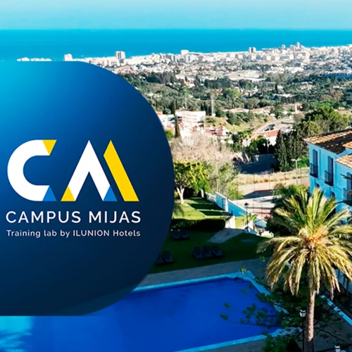 A swimming pool surrounded by palm trees facing the sea, with white houses and greenery; over the image, a logo with the letters 