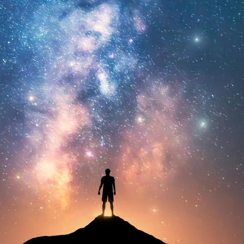 Image of a person’s silhouette standing atop a hill against a starry night sky filled with the Milky Way. The vastness of the galaxy contrasts strikingly with the small human figure, emphasizing the immensity and beauty of the universe compared to the individual.