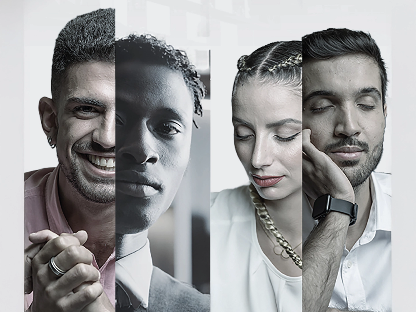 Image divided into four parts; each one shows a different person: three men and one woman.