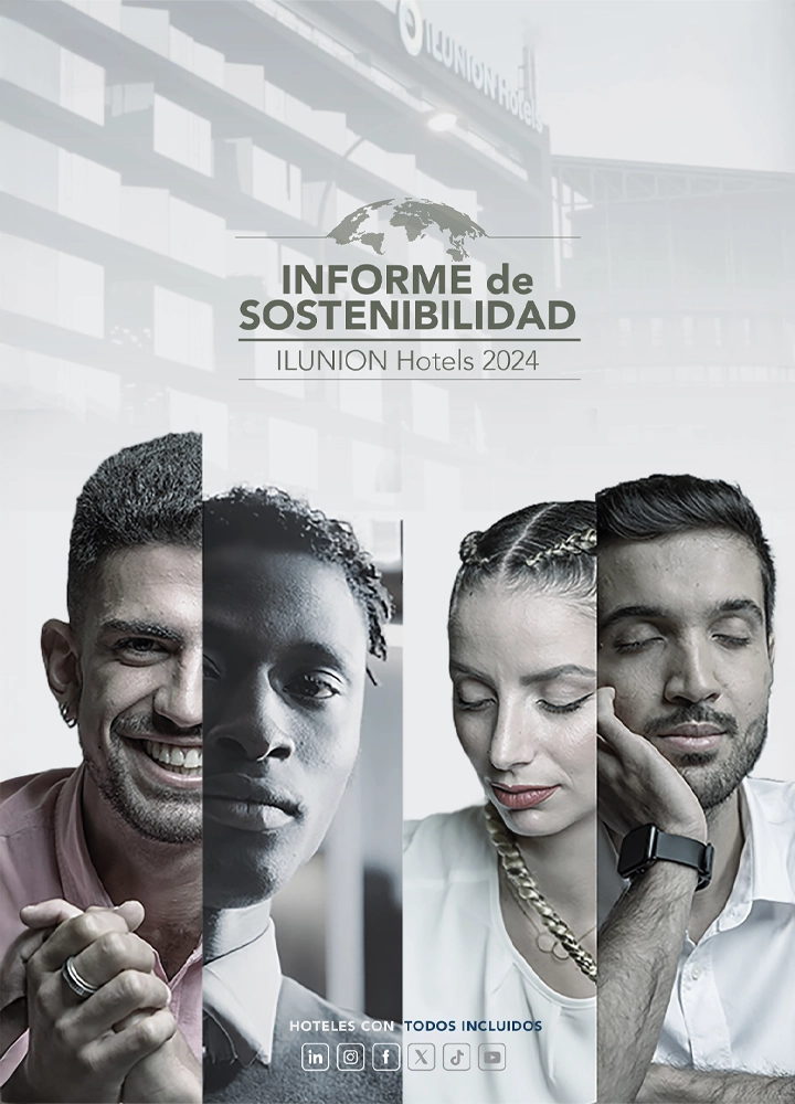 Portada del informe de sostenibilidad de ILUNION Hotels 2024 con el texto “HOTELES CON TODOS INCLUIDOS” y los logotipos de redes sociales como LinkedIn, Instagram y YouTube.