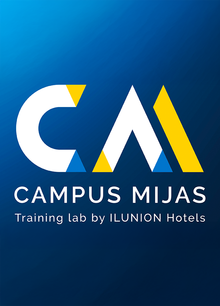 Un logotipo sobre fondo azul que dice “CAMPUS MIJAS” y debajo “Training lab by ILUNION Hotels”, con letras 