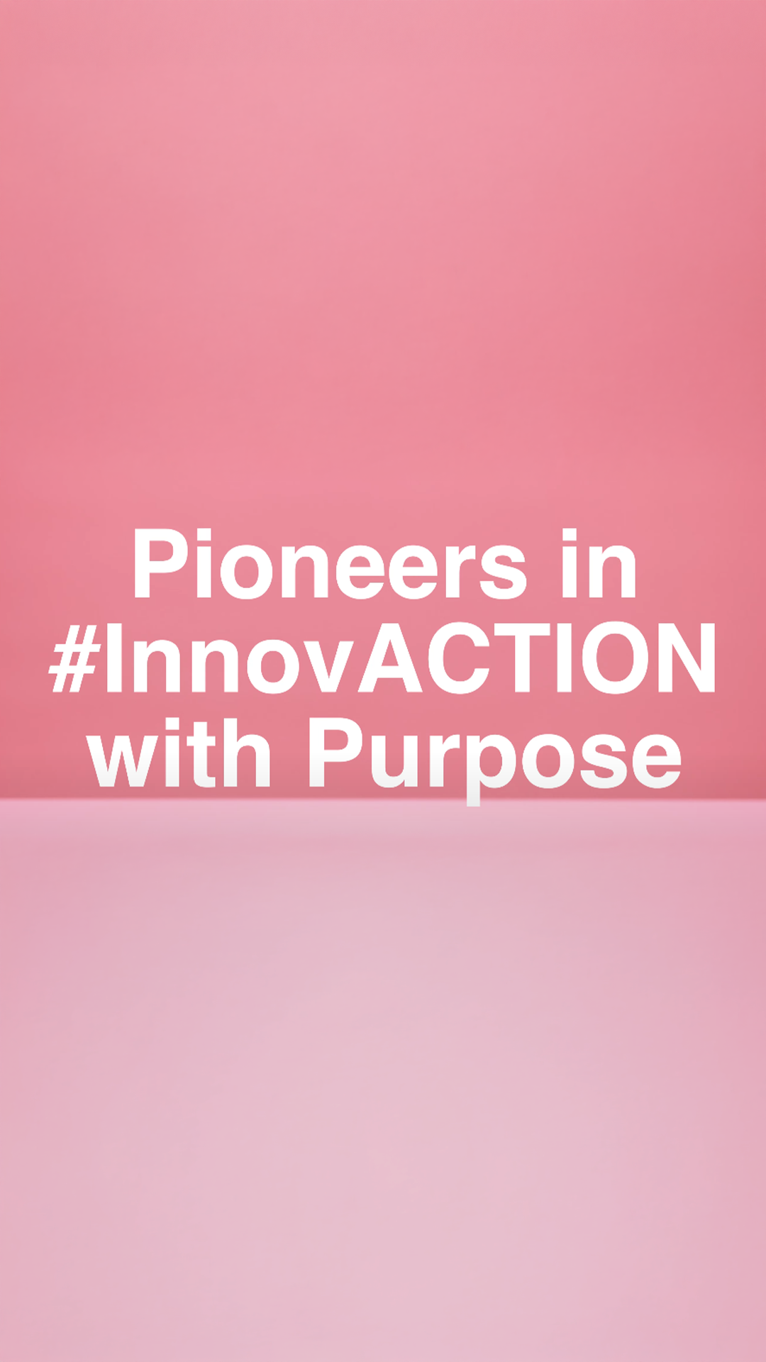 The image features a pink gradient background with white text that reads: “Pioneers in #InnovACTION with Purpose”.