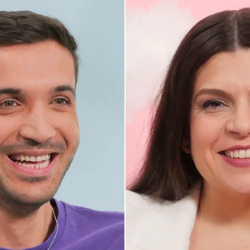 The image features a woman with long, dark hair, smiling broadly. She's wearing a white blazer over a red top. The background is a soft pink tone that conveys warmth. A screenshot of our colleague Arif Mirzad shows her smiling against a blue background. It reads: 