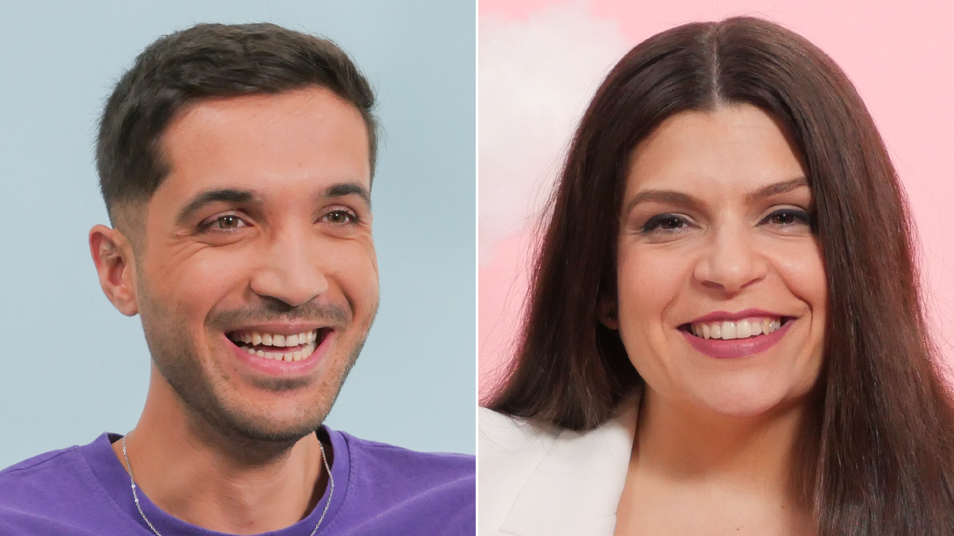 The image features a woman with long, dark hair, smiling broadly. She's wearing a white blazer over a red top. The background is a soft pink tone that conveys warmth. A screenshot of our colleague Arif Mirzad shows her smiling against a blue background. It reads: "Dreamers. Freedom. 01. Arif Mirzad"