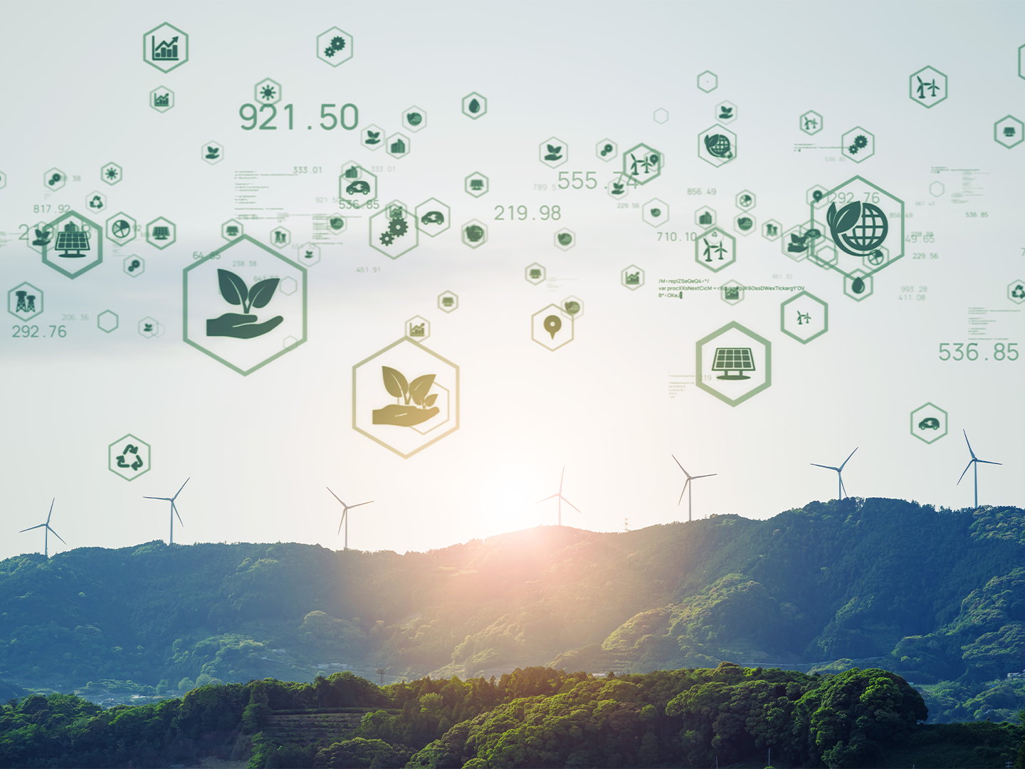 La imagen muestra colinas verdes con molinos de viento, y sobre ellas flotan iconos hexagonales verdes que representan sostenibilidad (como plantas, reciclaje y energía solar)
