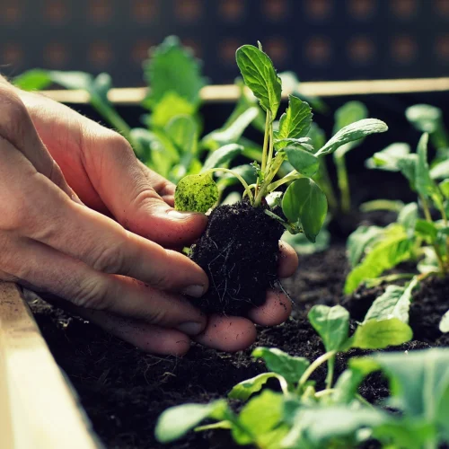 A person holds soil in their hands while planting a small plant in a garden surrounded by other plants.