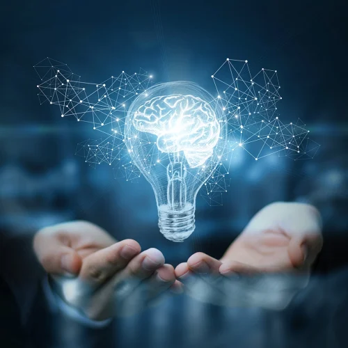 Hands holding a lightbulb with a brain inside.