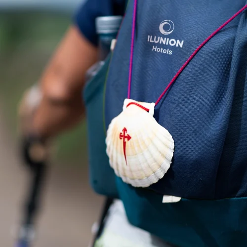 Image of an ILUNION Hotels backpack with a Santiago shell.