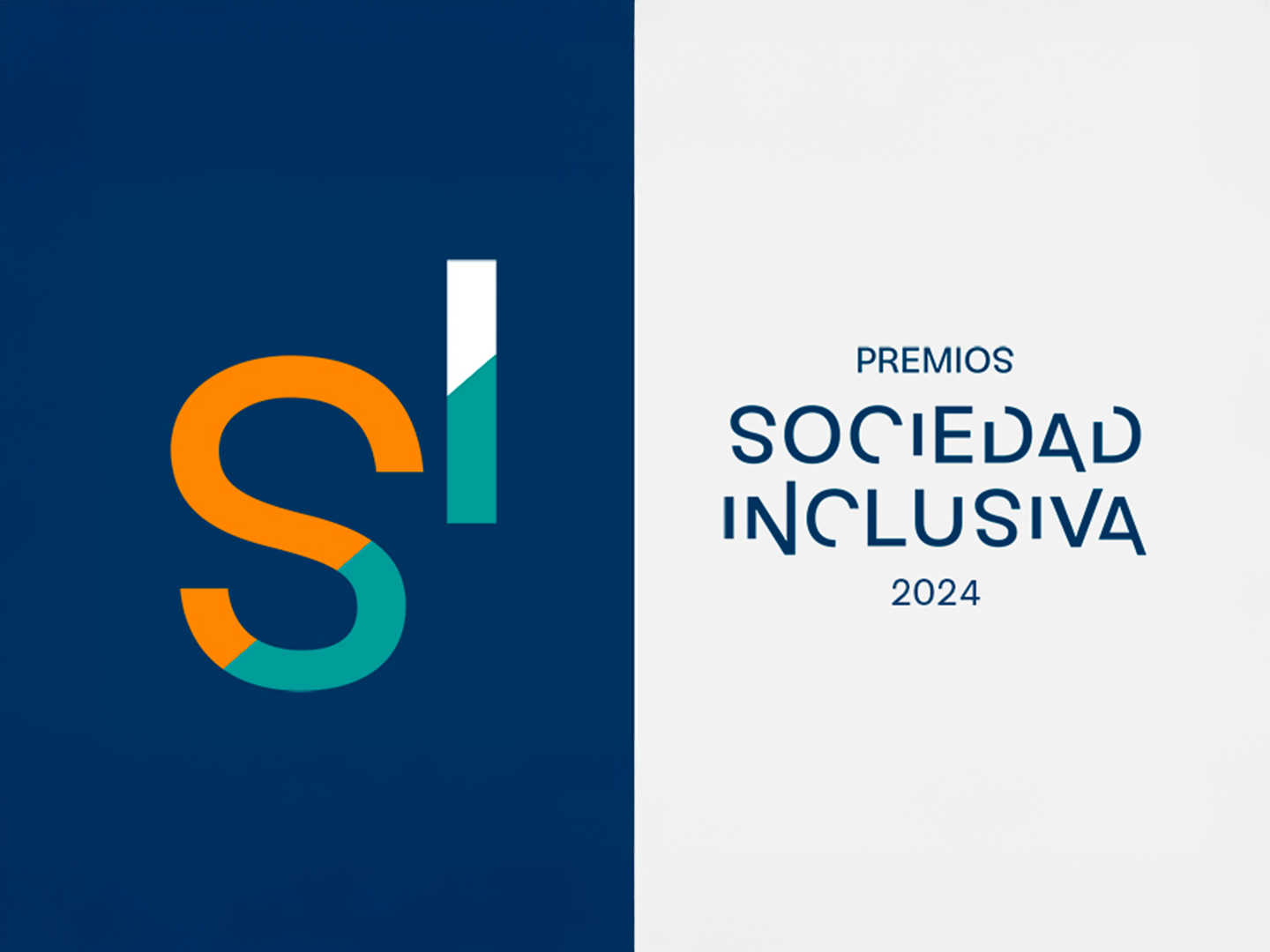 The image is split into two parts: on the left, a dark blue background with large letters "SI" (the "S" is orange and the "I" is green and white); on the right, a white background with the text “INCLUSIVE SOCIETY AWARDS 2024” in dark blue. It is a poster about awards for an inclusive society.