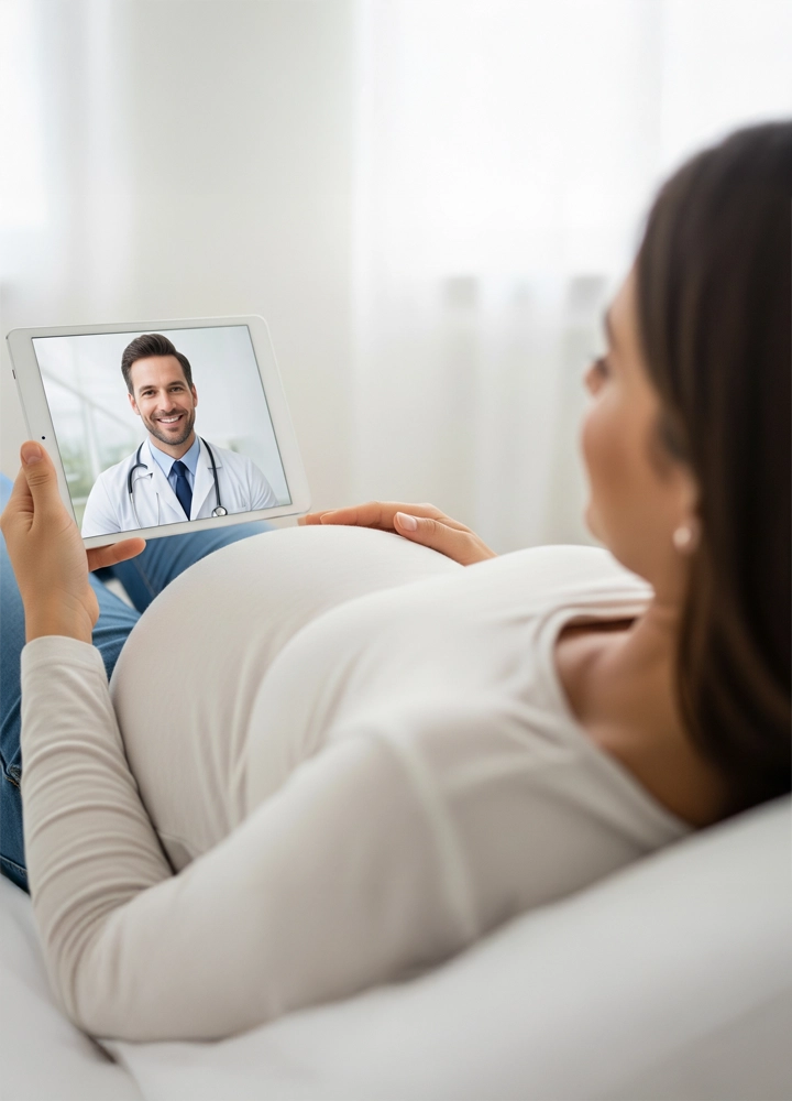 Una mujer embarazada, vista desde atrás, sostiene una tableta con una videollamada. En la pantalla, un médico sonriente parece hablar con ella.