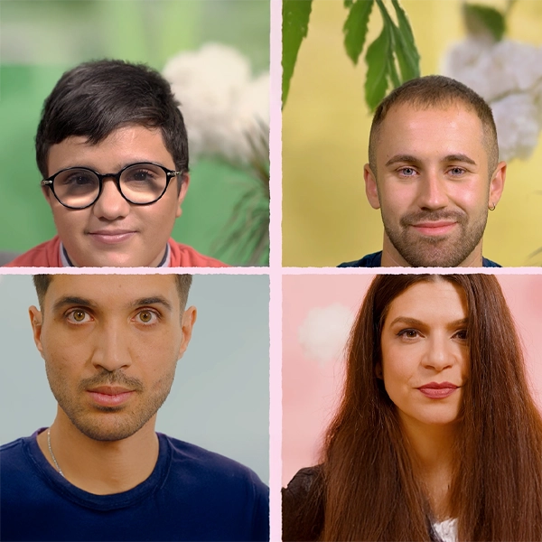 Collage de cuatro retratos de personas: una joven con gafas, un hombre sonriente, un hombre de ojos grandes y una mujer de pelo largo y oscuro.