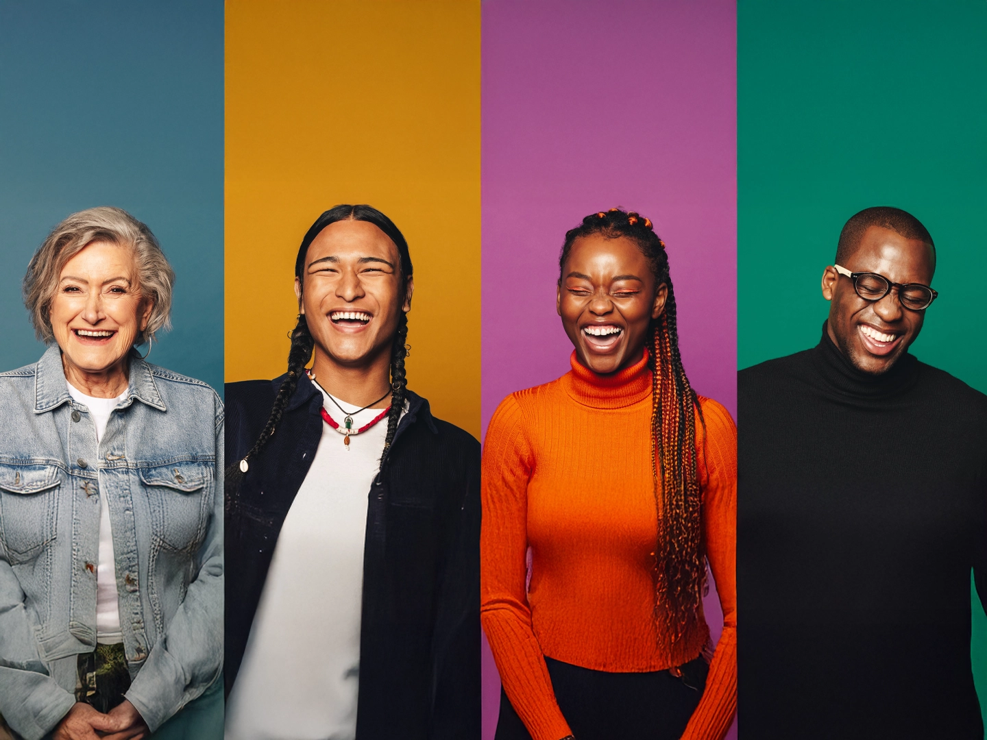 Cuatro personas de diversas edades, riendo y posando, aparecen en un collage de cuatro paneles de colores distintos: azul, amarillo, morado y verde.