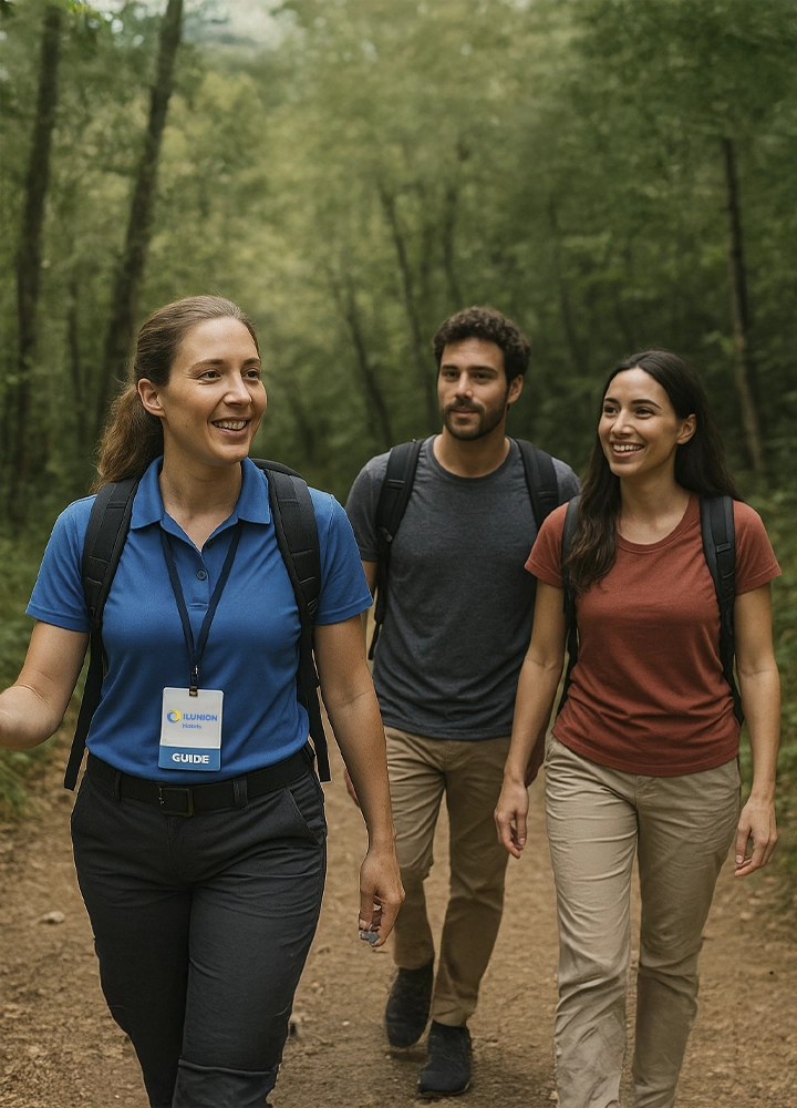 Tres personas caminan por sendero forestal; uno lleva credencial de “GUIDE”. Todos con mochilas, rodeados de árboles. Actividad al aire libre y guiada.