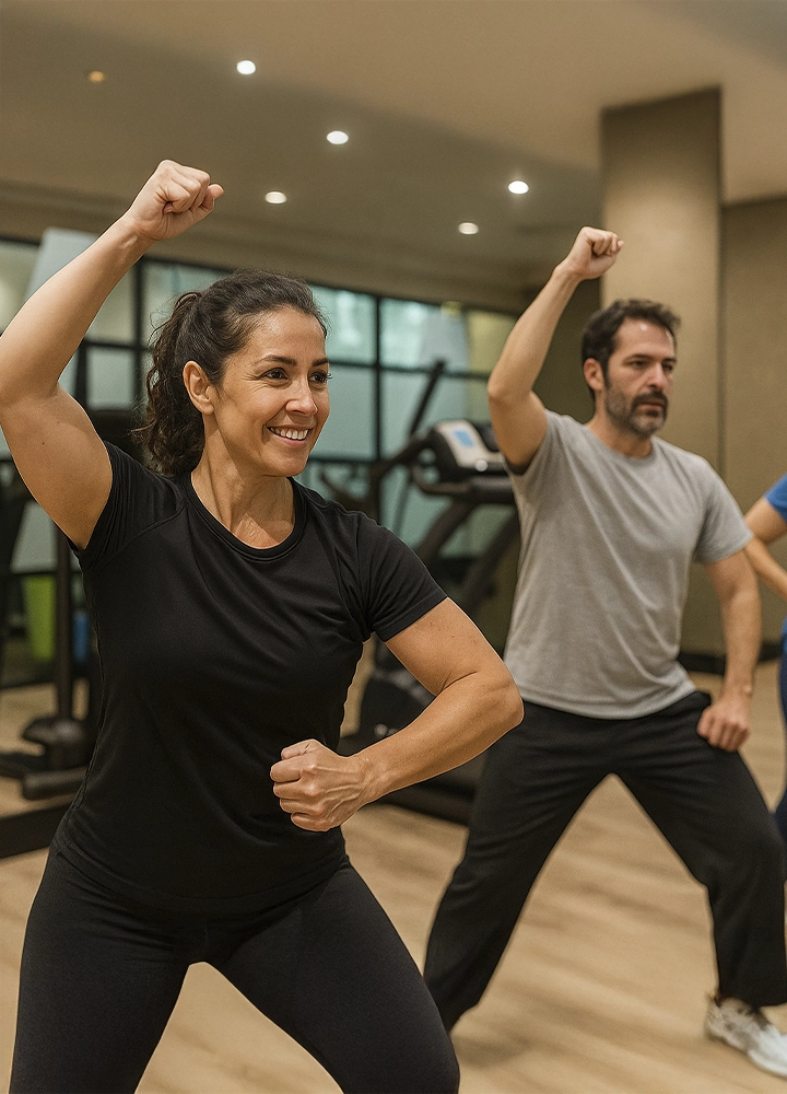 Dos adultos hacen ejercicio sincronizado en gimnasio moderno con suelo de madera y máquinas. Promueve estilo de vida activo y saludable.