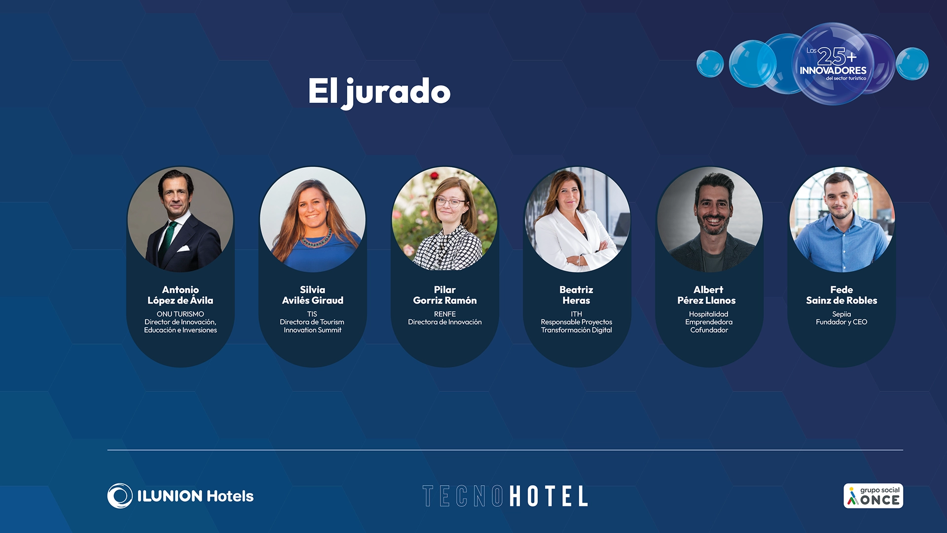 Panel de jurado con nombres, cargos y perfiles LinkedIn de expertos en innovación turística. Logos de ILUNION Hotels, TecnoHotel y ONCE.
