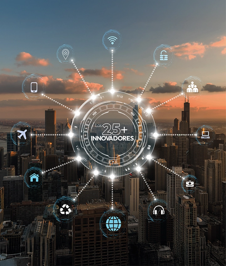 Ciudad con superposición digital de íconos conectados al texto central 'Los 25+ INNOVADORES'. Representan tecnología, salud, viajes y más.