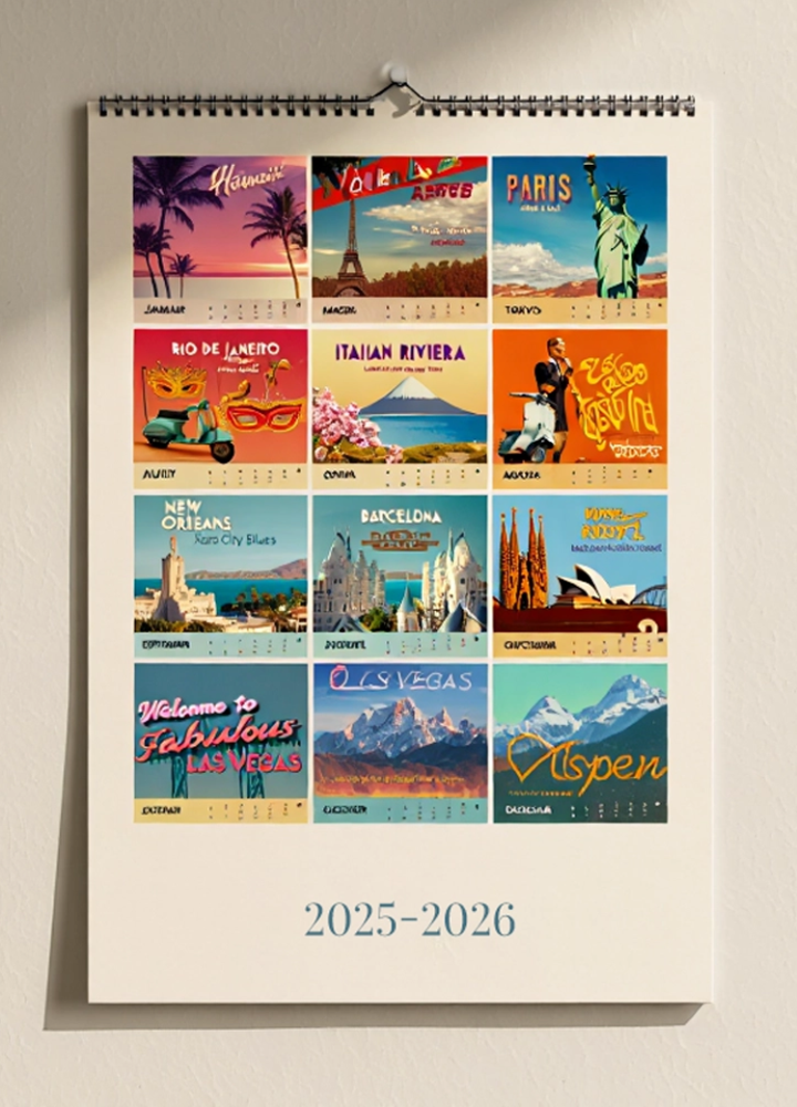 Calendario 2025-2026 con ilustraciones mensuales de destinos turísticos como París, Tokio, Barcelona y Aspen, cada uno con elementos icónicos.