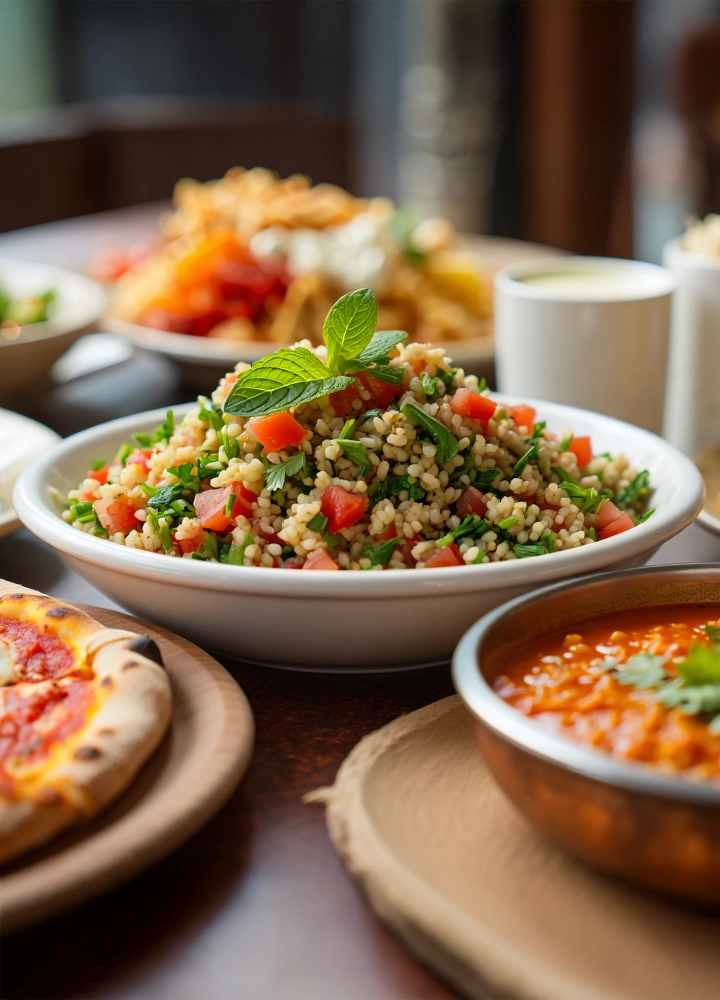 Mesa con platos variados: tabulé, pizza, sopa de lentejas y ensaladas, mostrando una presentación colorida y fresca de comida