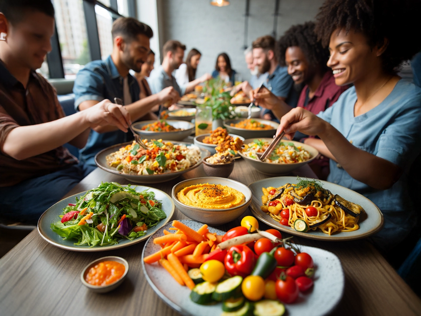 Grupo de personas compartiendo una comida con hummus, pasta, ensaladas y vegetales frescos en una mesa llena de platos coloridos.