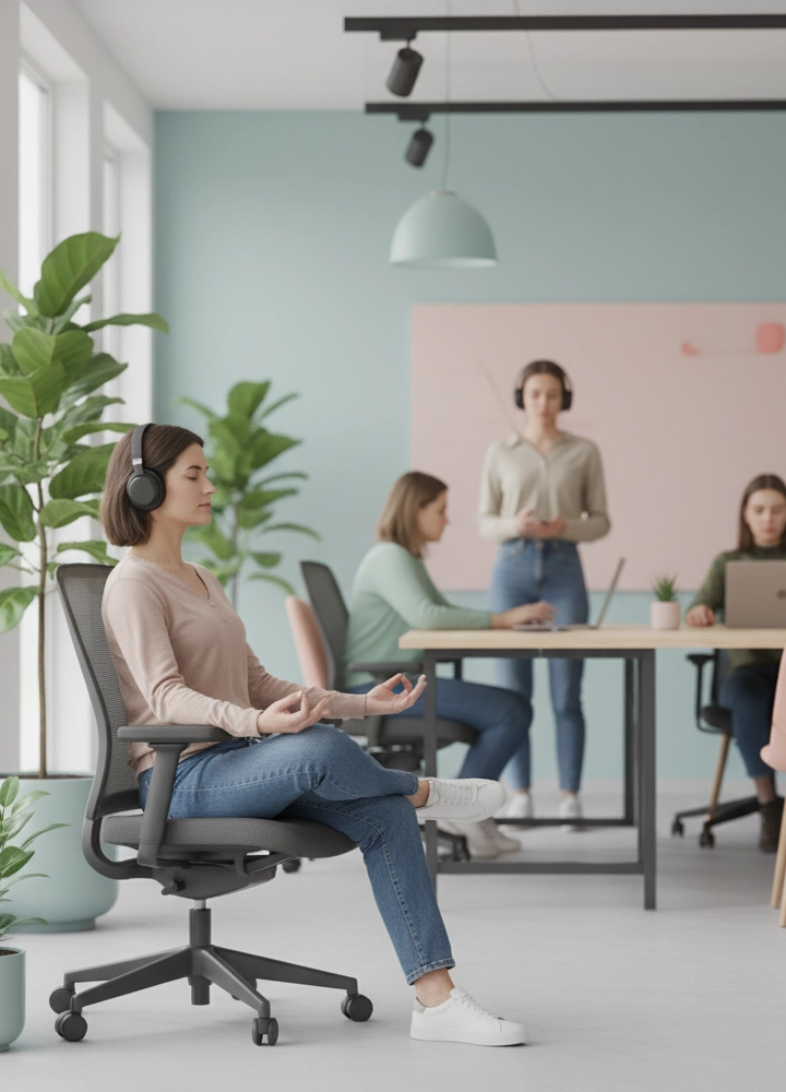 Mujer con camiseta rosa y auriculares medita en oficina moderna. Al fondo, otras mujeres trabajan o conversan. Decoración con plantas y muebles contemporáneos.