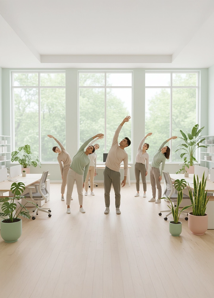 Seis personas realizan estiramientos sincronizados en oficina luminosa con plantas, escritorios blancos y suelo de madera clara. Promueve bienestar laboral.