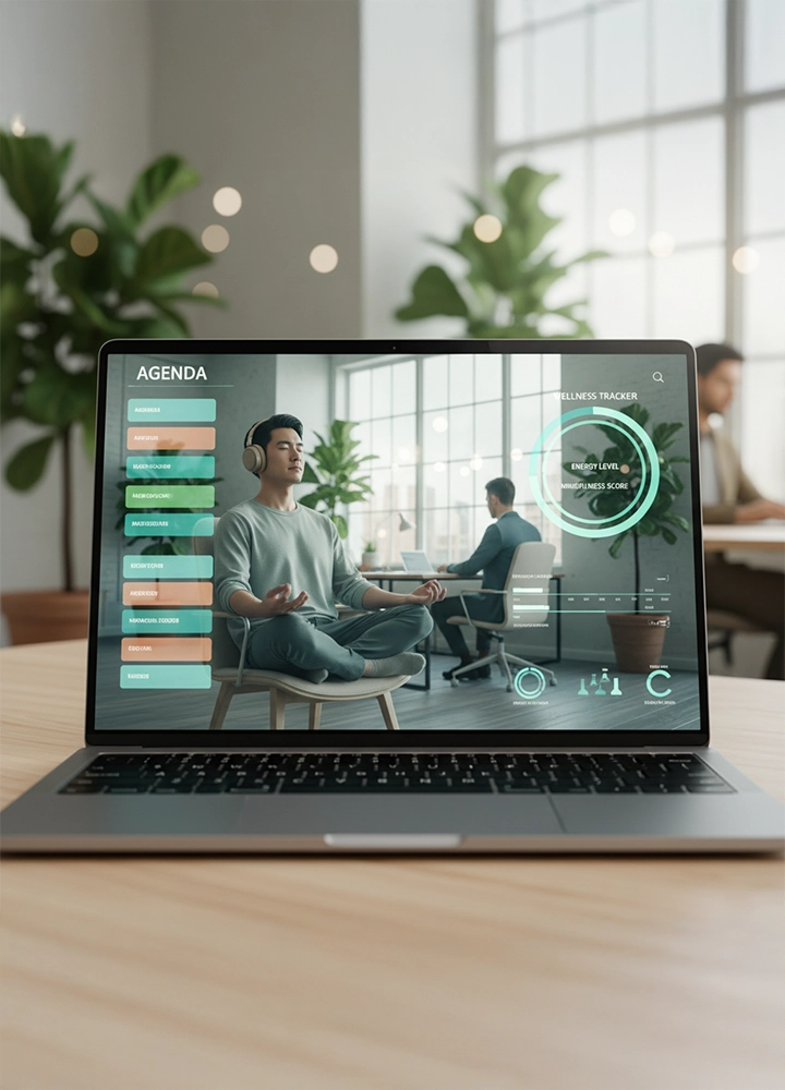 Pantalla de portátil en oficina moderna muestra app de bienestar con hombre meditando. Indicadores: “Energy Level: 85%” y “Mindfulness Score: 90%”.