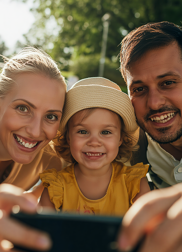 Tres personas sonrientes al aire libre, incluyendo una niña con sombrero, posando juntas para una selfie con fondo de vegetación.